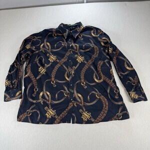 Ralph Lauren Women  Equestrian Blouse Shirt  2XL Horse Bridle Gold Polo Mallet